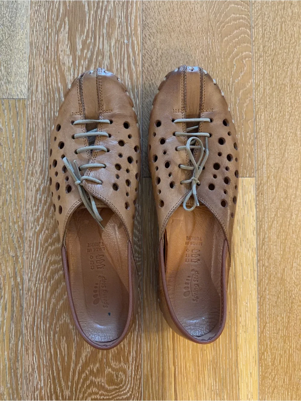Spring Step Tan Perforated Leather Lace-Up Loafers used